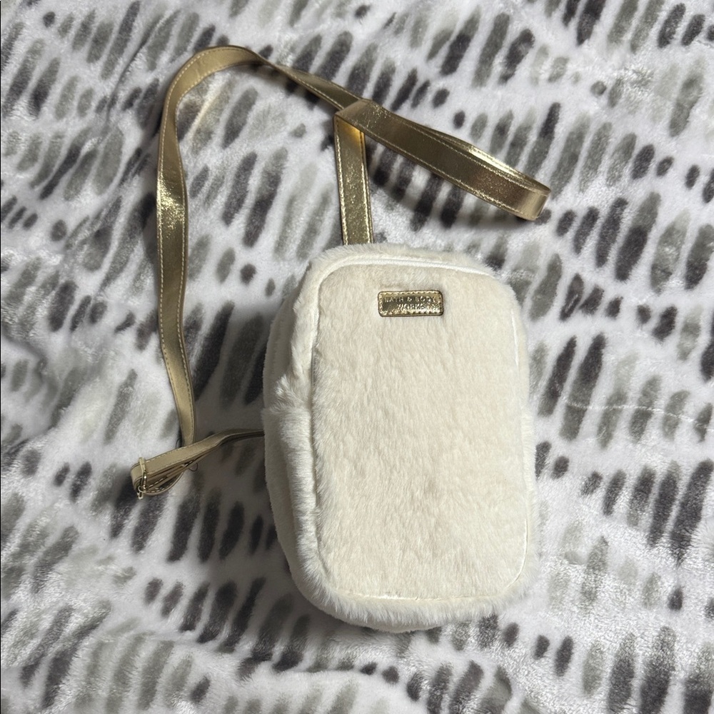 Bath & Body Works Cream Faux Fur Crossbody Bag with Gold Strap
